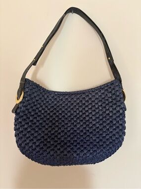 Rodo Italy Vintage Navy Blue Woven Straw gold accents Purse Bag leather interior